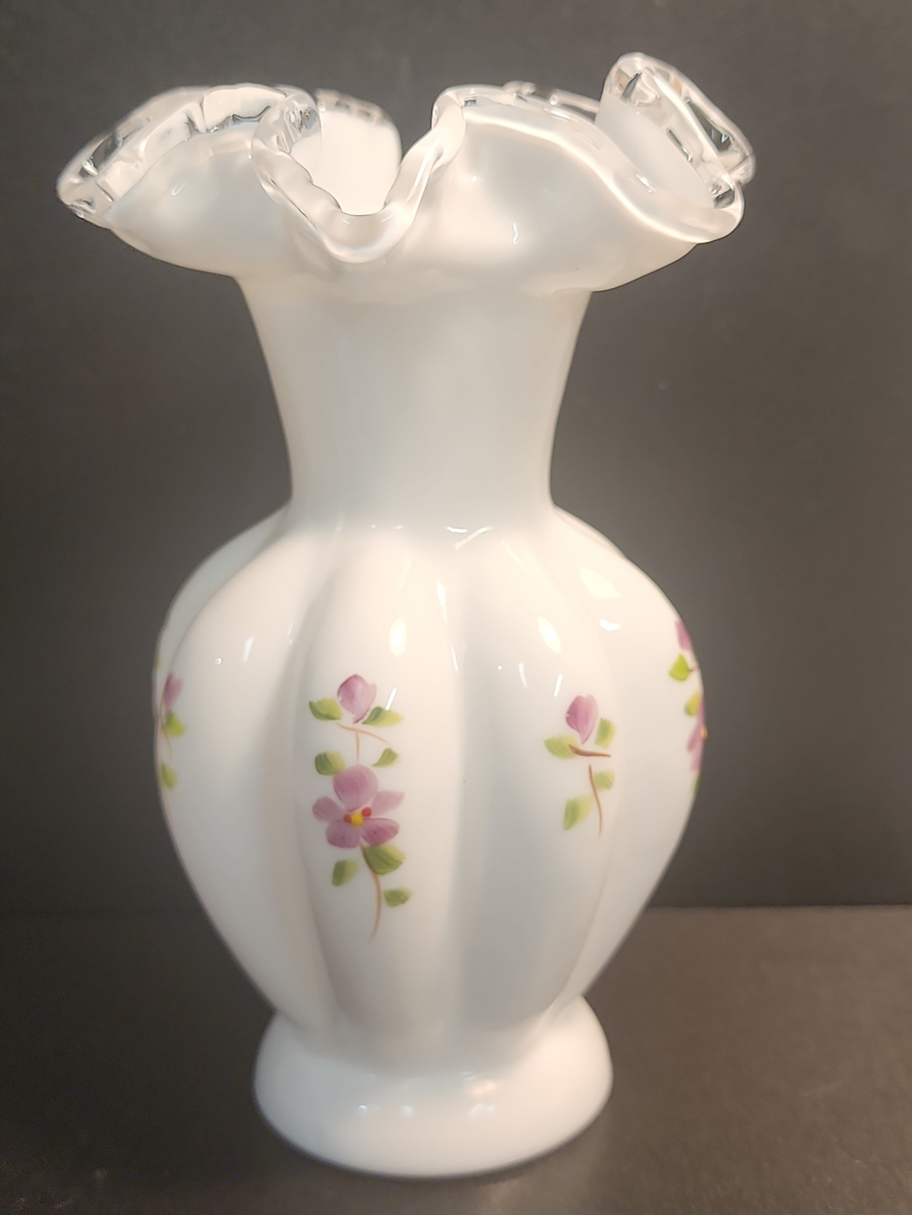 Vintage Fenton Silvercrest Vase White w/ Handpainted Purple Violets Melon 6"